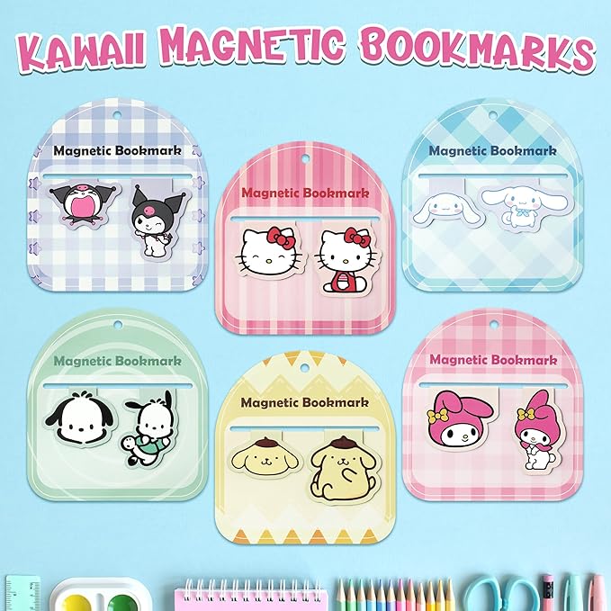 12Pcs Cute Magnetic Bookmarks Kawaii Cartoon Anime Kitty Melody Cinnamon Book Markers Page Clips School Office Stationery Supplies Gift for Kids Students Reading Lovers Bookworm Reader