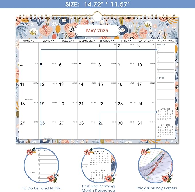 2025 Wall Calendar - Wall Calendar 2025, Jan. 2025 to Jun. 2026, 14.8" x 11.4" Monthly Wall Calendar with Julian Date, Calendar 2025 with Thick Paper