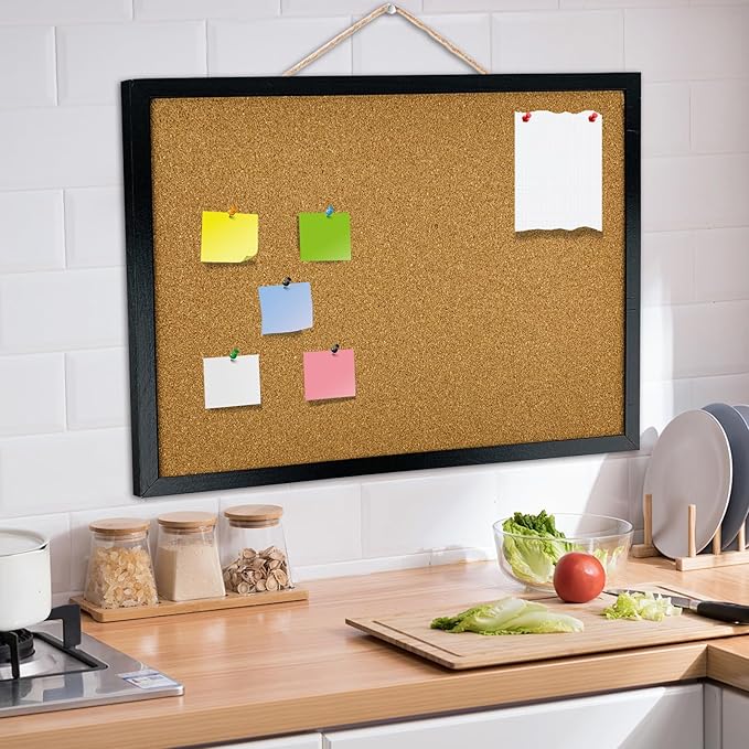 GDMINLO Black Cork Bulletin Board, 17.7 X 13.3 inches with Oak Wood Finish Frame, for Wall Office Home and School (Pins, Eye Bolts, gaskets, Screws)