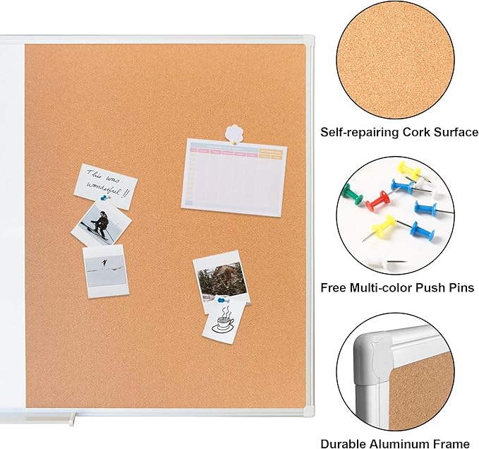 Cork Bulletin Board, 36 X 24 Inches White Magnetic Dry Erase Board, Large Wall Mounted Message Vision Notice Memo Pin Board for Office, Home and School