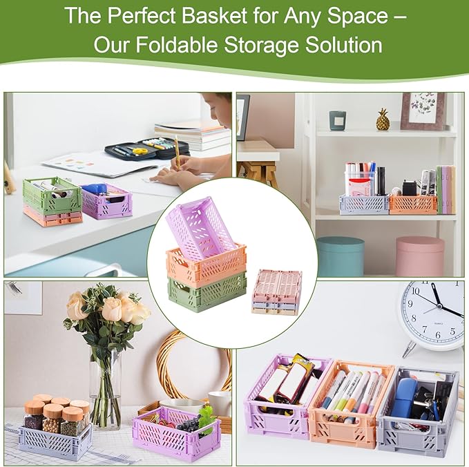 6-Pack Small Pastel Plastic Storage Baskets, Collapsible Crates for Organizing, Space-Saving Mini Bins for Classroom, Kitchen, Office, Bedroom (5.8" x 3.8" x 2.2")