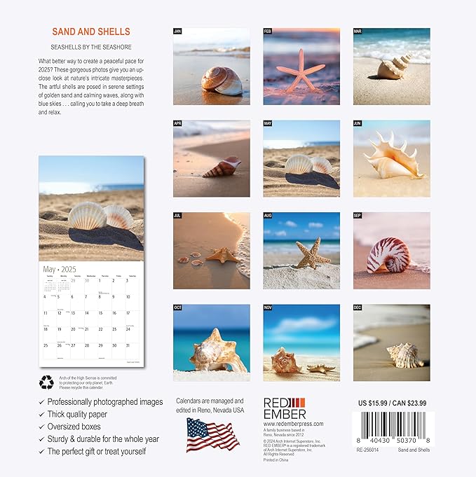 RED EMBER Sand and Shells 2025 Wall Calendar 12 Month | 12" x 24" Open | Thick & Sturdy Paper | Giftable | Calendar 2025