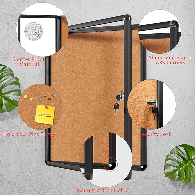 SWANCROWN Lockable Bulletin Board Notice Pin Cork Boards Tamper Proof Message Board for Photos Memos,26x20inch (4xA4)