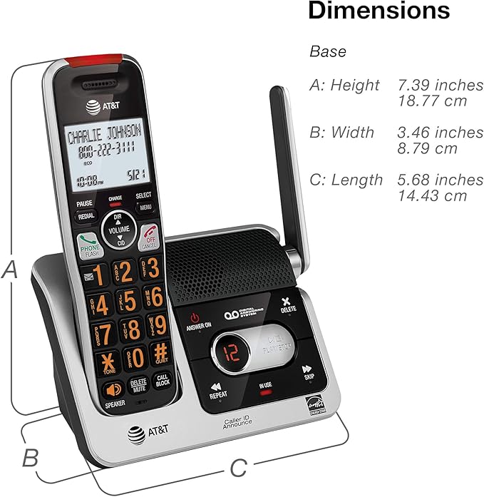 AT&T BL102 DECT 6.0 Cordless Phone for Home with Answering Machine, Call Blocking, Caller ID Announcer, Audio Assist, Intercom, and Unsurpassed Range, Silver/Black
