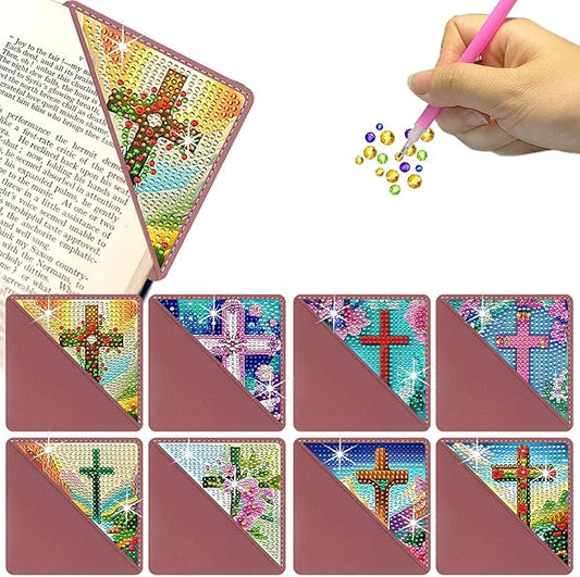 Diamond Art Painting Bookmarks,8Pcs DIY Cute Diamond Art Kits for Adults, Corner Bookmarks Small Crafts Kit Gifts for Women Book Lovers (Cross)