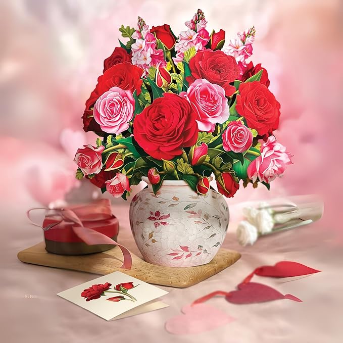 Freshcut Paper Pop Up Cards, Blooming Roses, 12 Inch Life Sized Forever Flower Bouquet 3D Popup Greeting Cards, Valentine's Day, Anniversary Card, Blank Notecard & Envelope