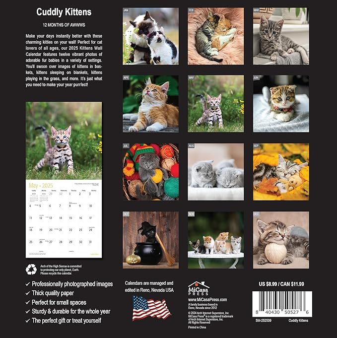 MICASA Cuddly Kittens Mini 2025 Wall Calendar 12 Month | 7" x 14" Open | Thick & Sturdy Paper | Giftable | Calendar 2025