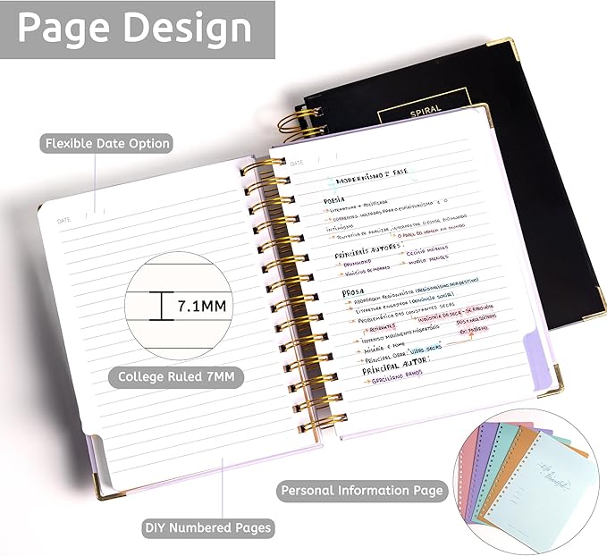 Spiral Notebooks for Work School with Tabs 5.5"x7.5" Small Spiral Journals Notenook for Women with Dividers 220 Pages College Ruled Composition 5 Subject Notebook, Back to School, Black