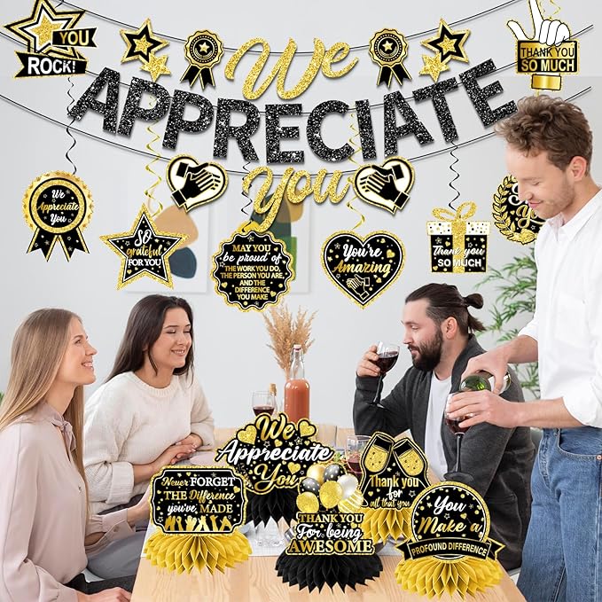 We Appreciate You Decorations, Black Gold Thank You Decorations includes We Appreciate You Banner and Employee Appreciation Table Decorations and Hanging Swirls for Pastor Appreciation Decorations