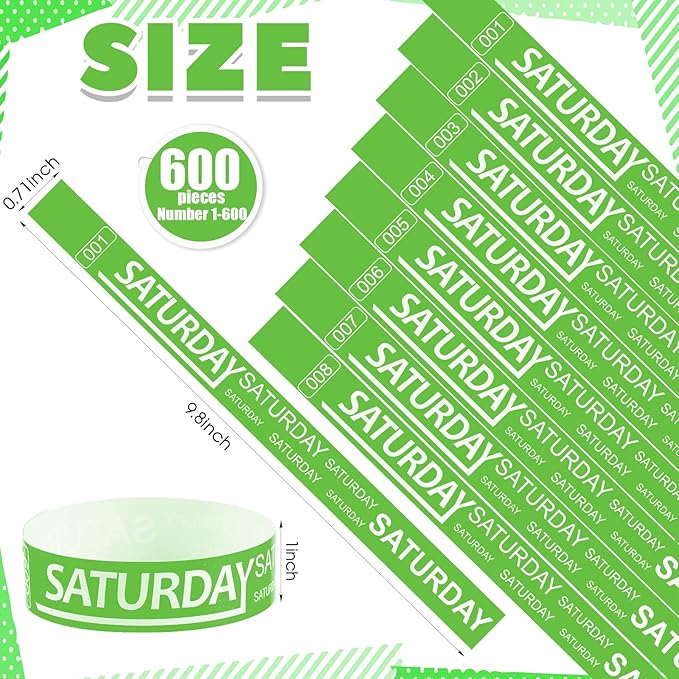 Henoyso 600 Pcs Saturday Paper Wristbands Event Wristbands Paper Bracelets Wristbands Numbered Waterproof Party Wristbands for Events Day of The Week(Green)