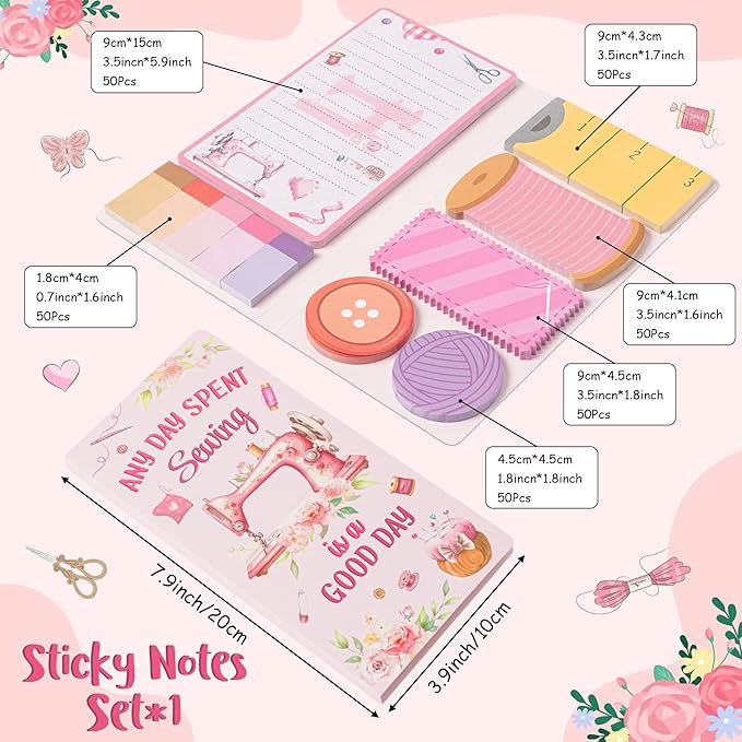 Retro Sewing Sticky Notes Set - Any Day Spent Sewing is A Good Day Self-Stick Note Pads Teacher Appreciation Notepads Writing Memo Pad Page Marker Back to School Office Supplies (Pink)