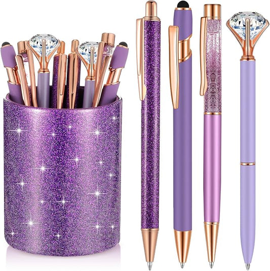 Sabary 8 Pcs Ballpoint Pens with Pen Holder for Desk Glitter Crystal Diamond Fancy Pencil Holder Bling Desk Organizer Cute Stationery Supplies for Women Girls Wedding Office School Gifts(Violet)