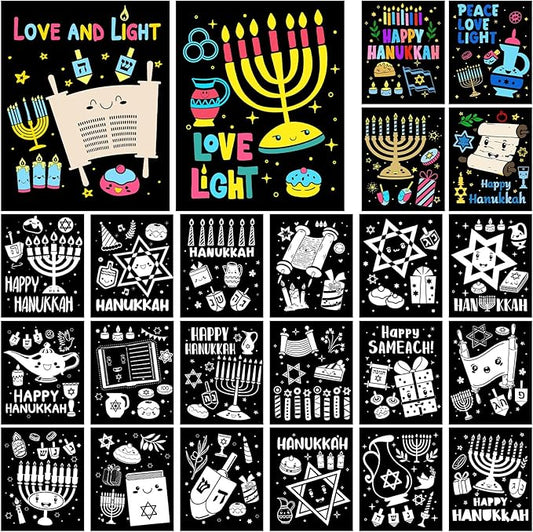 Zhanmai 48 Pcs Color Your Own Fuzzy Hanukkah Posters Happy Hanukkah Fuzzy Velvet Coloring Posters DIY Felt Craft Coloring Posters Crafts for Chanukah Home Holiday Party Activities