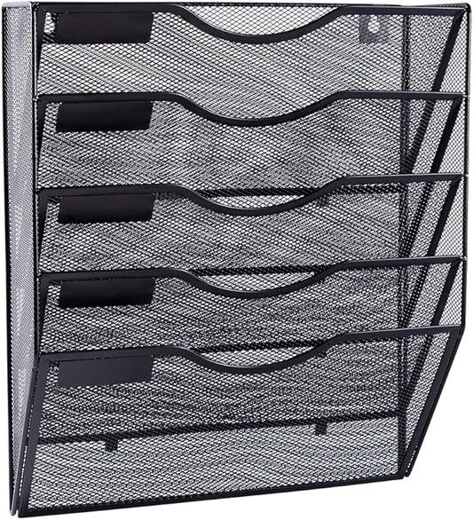 EASEPRES 5 Pocket Mesh Hanging Wall File Organizer, Wall Mounted Mail Paper Document Folder Holder, Clipboard Storage Organization Magazine Rack with Nametag Label for Office Home School, Black