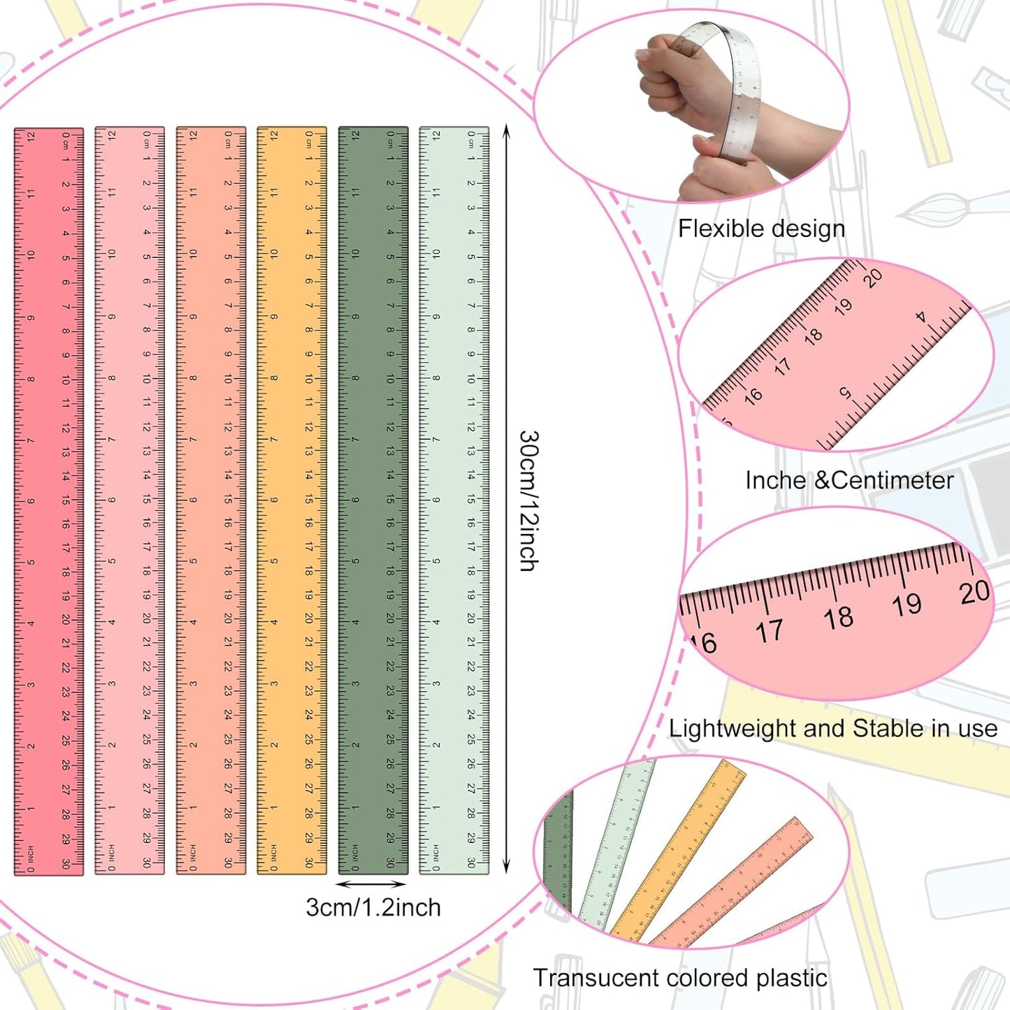 Panelee 306 Pcs 12 Inch Plastic Ruler Color Transparent Colorful Metric Clear Ruler with Inches and Centimeters for Kids School Home Classroom Office Back to School Gifts Supplies