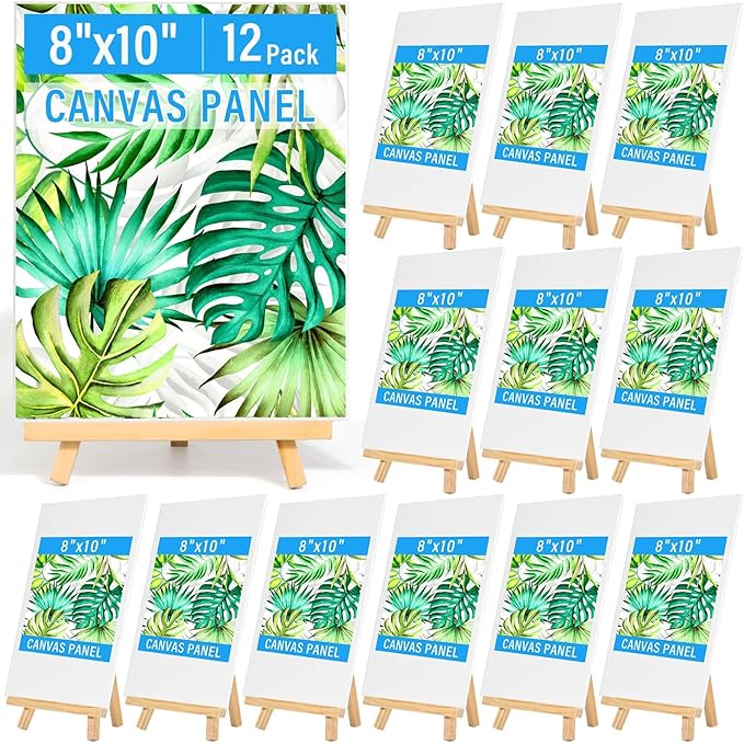 Canvas Painting Party Kit for Adults and Kids, 24Pack 8 x 10 Inch Canvas Boards and Wooden Easels Stands for Group Painting Sip and Paint Night