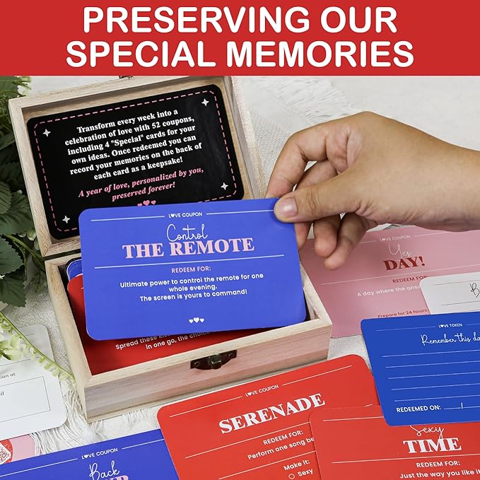 52 Love Coupons for Him - Couples Coupon Book for Boyfriend Husband, Blank Coupon Cards Valentine’s Day Gifts for Girlfriend, Romantic Love Vouchers Cards Box Anniversary Keepsake Gift