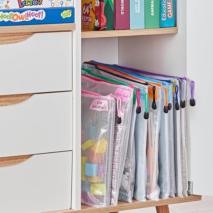 JARLINK A3 (16.9x12.4 in, 24 Pcs) Mesh Zipper Pouch, 12 Colors Extra Large Zipper Bags, Waterproof File Pouches for Office Supplies, Puzzles, Board Game, School, Travel Accessories & Craft Projects