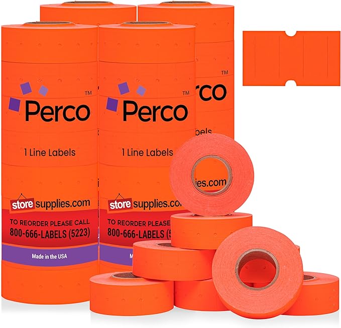 Perco 1 Line Fluorescent Red Labels - 32 Rolls, 4 Sleeves, 32,000 Blank Price and Date Gun Labels for Perco 1 Line Price and Date Guns - Made in USA