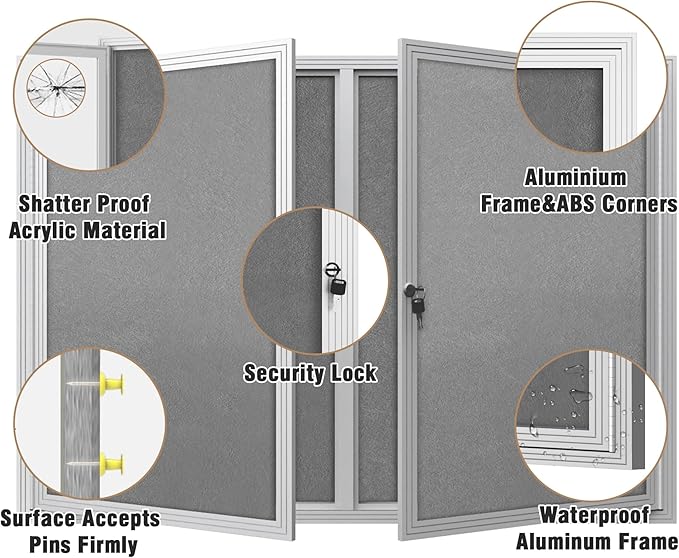 48"x34" Enclosed Bulletin Board, Outdoor Lockable Weather-Resistant Aluminum Cork Noticeboard for School & Office, Silver Frame w/Grey Flet
