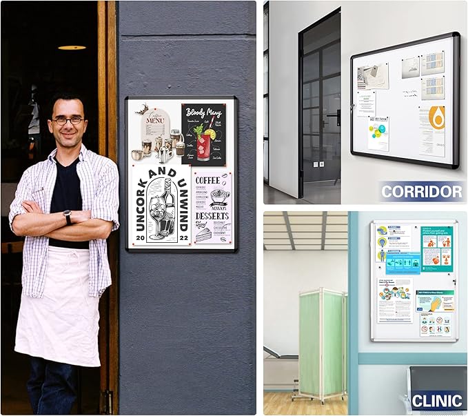 SWANCROWN Enclosed Bulletin Board Dry Erase Noticeboard Lockable Display Boards White with Aluminium Frame 20x14inch(2xA4)