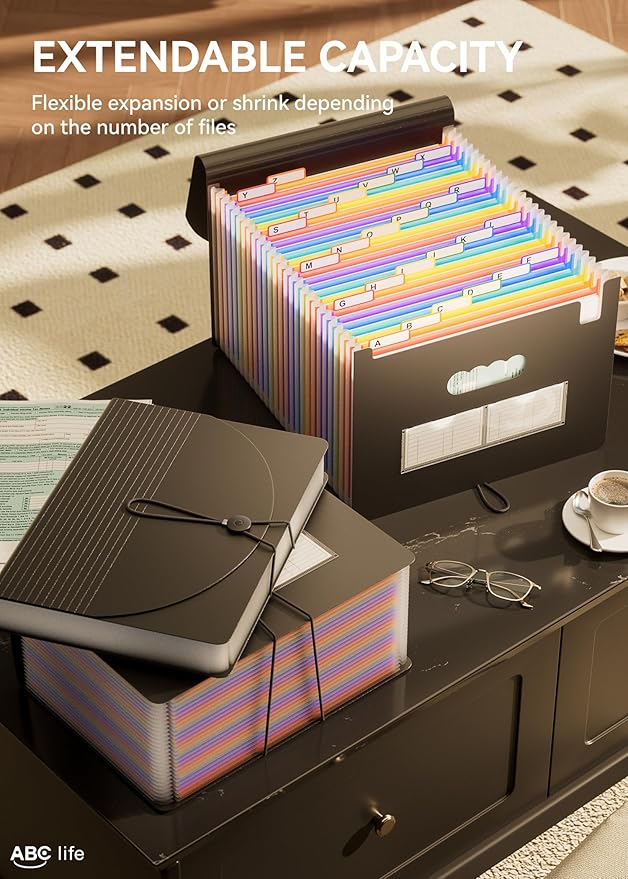 ABC life 26 Pockets Accordion File Organizer, Expanding File Folders, Portable Monthly Bill Receipt Organizer with Colorful A-Z Tabs, Desktop Folders Letter A4 Paper Document Storage for Home Office