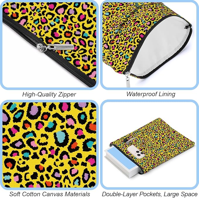 2 Pack Rainbow Leopard Print Book Sleeve, Books Protector，Books Pouch， Book Lovers Gifts，Bookish Gifts Waterproof Cover with Zipper，Leopard Decor Gift Bag for Women Sister Birthday Appreciation