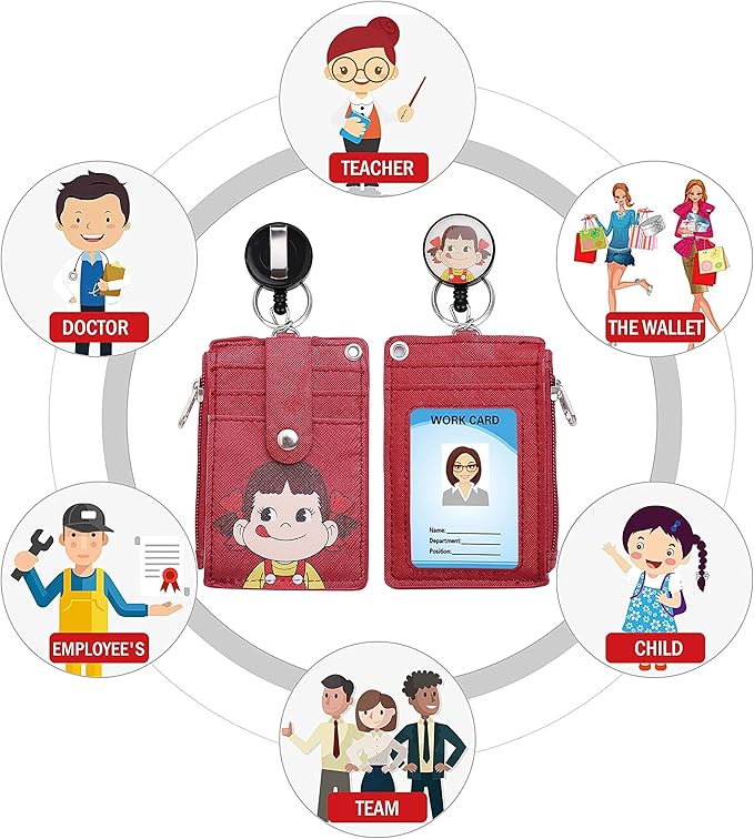 Cute ID Badge Holder Retractable Lanyard Reel Clip with Heavy Duty Carabiner, 5 Card Slots in 2 Sided with Key Ring and Zipper for Women Students Teens Girls Office Staff (Red Girl)