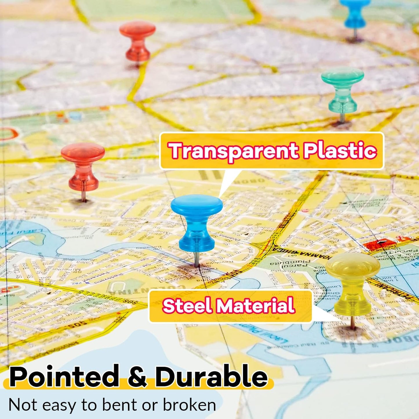 Outus 100 Pcs Giant Push Pins Large Thumb Tacks Plastic Heads 1 Inch Jumbo Push Pins for Cork Board Map Posters Office School(Red, Yellow, Blue, Green, Transparent)