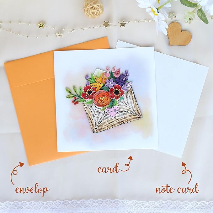 KingKraft Thank You Card, Handmade Colorful Greeting Card, Gratitude Artful Quilling Card for Mom, Sister, Friend, Teacher with Envelope Blank Inside