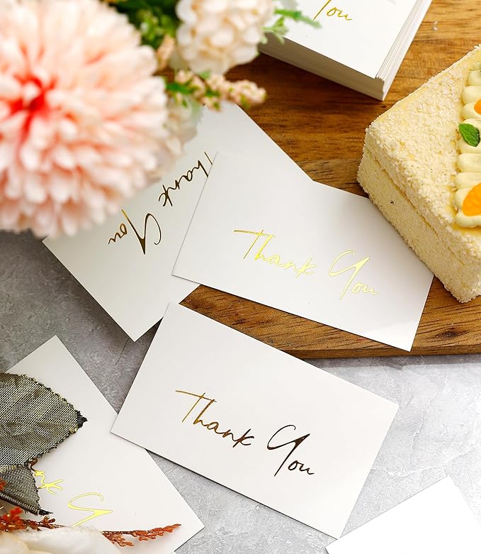 Winoo Design Gold Mini Thank You Cards Small Business - 100 PK - Flat Card No Fold, 2 x 3.5 Inches Thank You for Your Order Cards Thank You for Your Support Cards for Wedding Off White Color