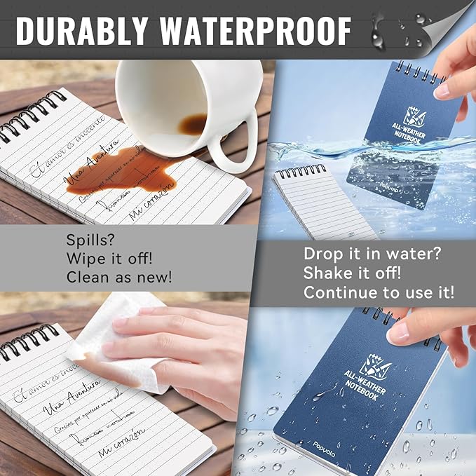 POPYOLA 6 Pack Waterproof Pocket Notebook, 3x5 Pocket Notepad, All Weather Mini Spiral Notepad, Write in the Rain Police Notepad with 100 Squared Pages for Outdoor Home Office School, Blue