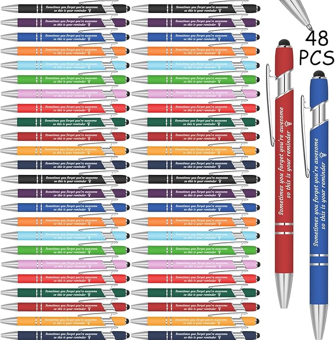 Colarr 48 Pcs Employee Appreciation Pen Ballpoint with Stylus Tip Pen 1.0 mm Black Ink Multicolor Smooth Motivational 2 in 1 Ballpoint Supplies for Coworker Thank You Gift (You're Awesome)