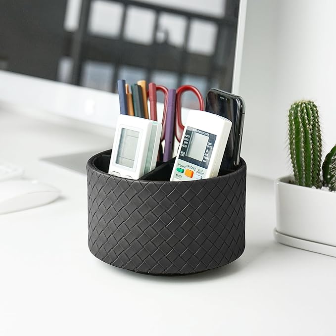 Hennaja Round Leather Art Supply Organizer,Remote Control Holder,360 Degree Spinning,Multi-Functional Pencil Holder,4 Compartments Desktop Stationary Organizer(1-Weave Black)