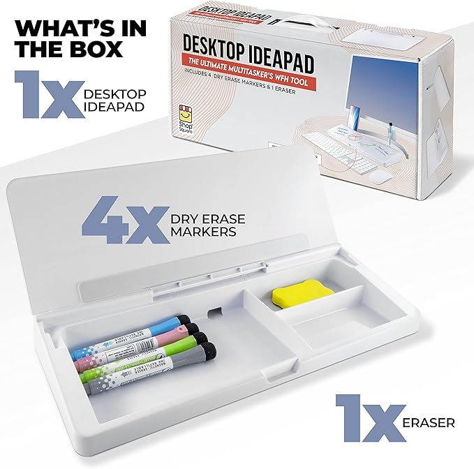 Desktop Whiteboard - Glass Dry Erase White Board- Desk Computer Buddy – Home Office & Studying Essentials - Desktop Pad with Phone & Tablet Slot, Storage Compartment - Includes 4 Markers, 1 Eraser