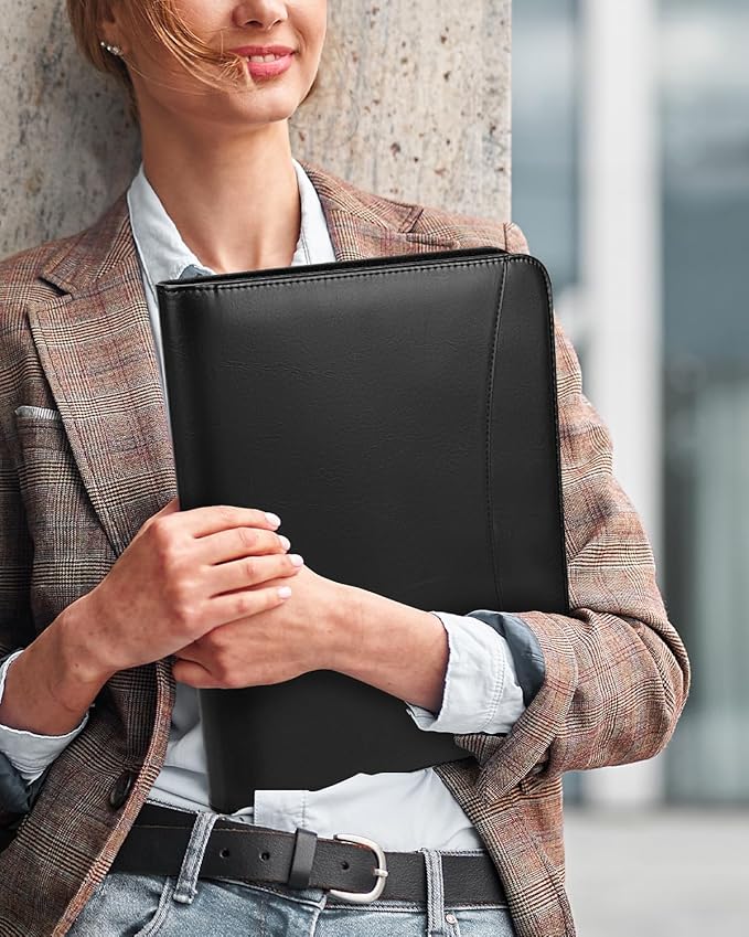 Gwybkq Padfolio Organizer Zippered Portfolio, Leather Binder with Notepad and Gel Pens, Men Women Business Folder for Resume, Document, Pad, Phone and Cards (Black)