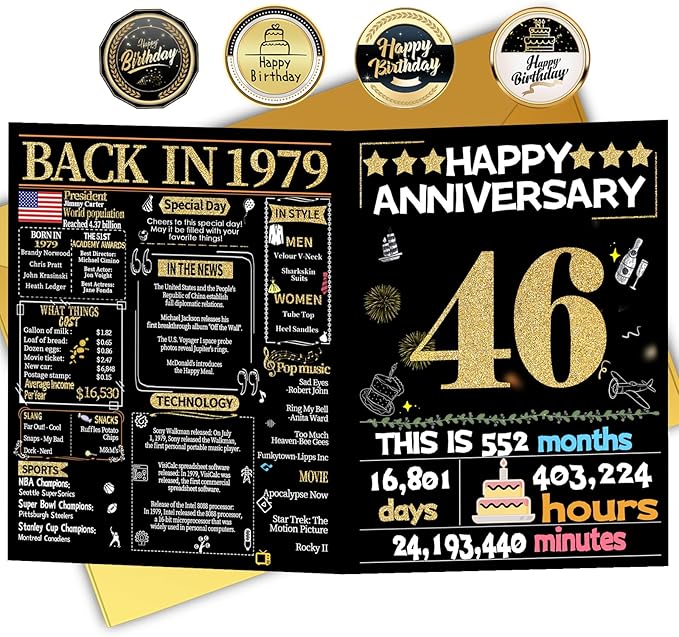 Joycard 46th Anniversary Card for Women Men, Gold Wedding Card for Wife Husband, Sweet Marriage Decorations Gifts for Couple, Perfect for Her Him on Anniversary Day, Back in 1979
