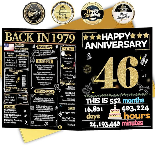 Joycard 46th Anniversary Card for Women Men, Gold Wedding Card for Wife Husband, Sweet Marriage Decorations Gifts for Couple, Perfect for Her Him on Anniversary Day, Back in 1979