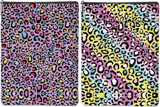 2 Pack Rainbow Leopard Print Book Sleeve, Books Protector，Books Pouch， Book Lovers Gifts，Bookish Gifts Waterproof Cover with Zipper，Leopard Decor Gift Bag for Women Bestie Christmas Thanksgiving