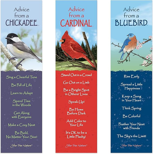 Advice from Nature 3 Bookmark Birds Set, Laminated with Glossy Finish, Printed on Recycled Paper - Cardinal, Chickadee, Bluebird (AMBM-BIRDS)