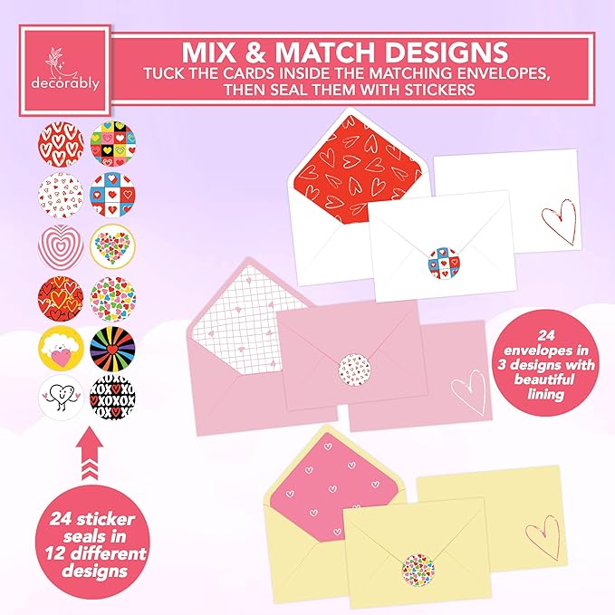 Decorably 24 Pack 4x6in Heart Note Cards with Envelopes and Stickers, 12 Charming Designs Heart Card, Blank Inside - Valentine's Day, Mother's Day, Birthday