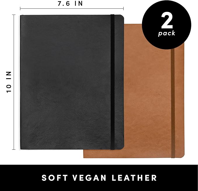 PAPERAGE 2-Pack Softcover Lined Journal Notebook (Black & Cognac), 176 Pages, Large B5 College Ruled Notebook, 7.6 inches x 10 inches - 100 GSM Thick Premium Paper, Soft Vegan Leather Journal for Home, Work & School