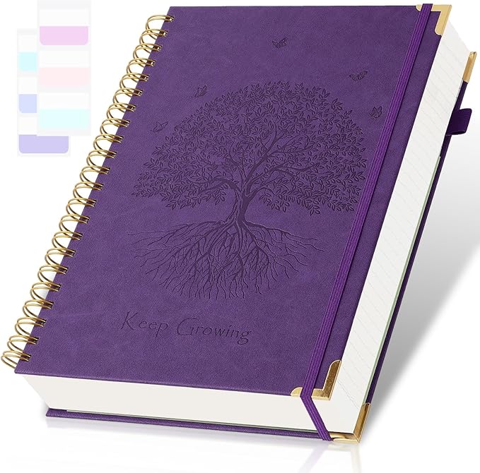 Spiral Notebook, College Ruled Notebook, 8" x 10", 300 Pages Leather Journals for Writing, B5 Hardcover Journaling Notebooks for Work School, 24pcs Tabs, Large Embossed Journal for Women Men, Purple