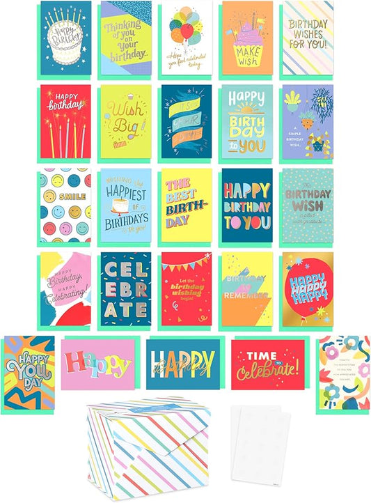 American Greetings 25-Count Birthday Card Assortment with Envelopes, Seals, and Storage Box (Celebrate)
