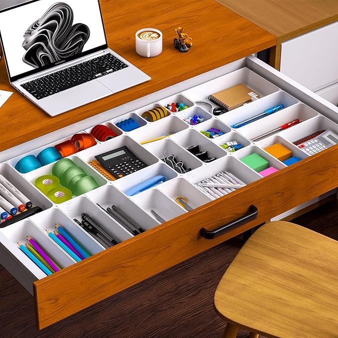 7 Pcs Plastic Drawer Organizer Set,4 Size Small Storage Containers for Organizing Jewelry,Utensil,Junk,Tea,Makeup,Shallow Drawer Organizers Tray Suitable for Office,Desk,Bathroom,Vanity,Kitchen,White