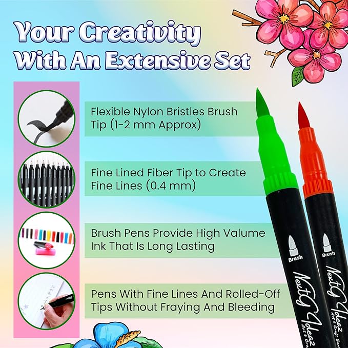 Dual Tip Brush Art Marker Pens, 80 Unique Bright Color, Water-Based Ink, Fineliner & Brush Tip Pens for Arts Lovers Coloring Drawing Book, Calligraphy Writing, Sketching and Doodling