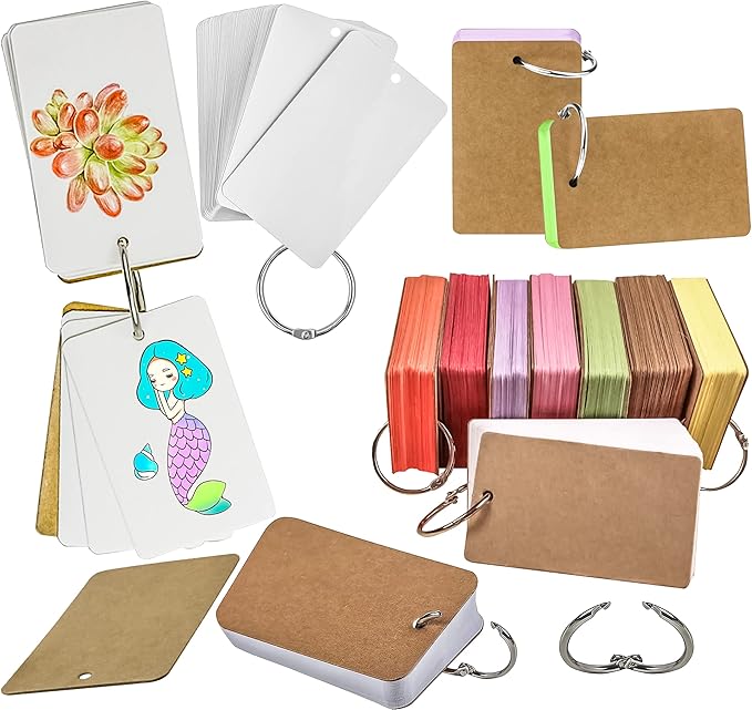 MotBach 400PCS Colored Blank Flash Card Index Cards with Binding Rings,8 Color Easy Flip Flash Card Study Note Card Perfect for Bookmark School Learning Memory Recipe Cards Game Cards(3.5 x2.2 Inch)