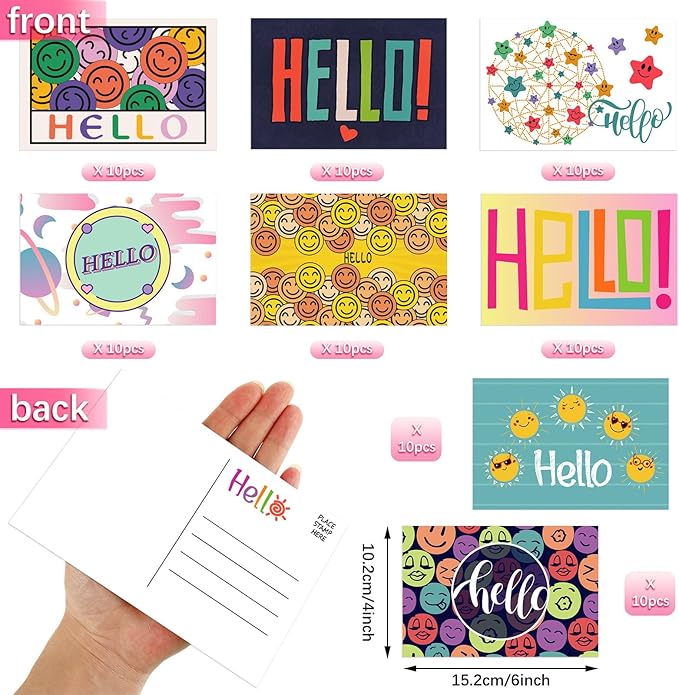 Junkin 80 Pack Hello Postcards Hello Blank Note Cards All Occasion Hello Design Greeting Cards Cute Postcards for Adults Teacher Team Employee Volunteers, 4 x 6 Inch