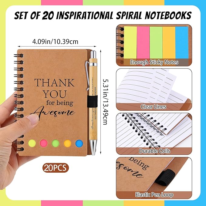 20 Sets Employee Appreciation Gifts Inspirational Spiral Notebooks with Sticky Notes Notepads Motivational Bamboo Ballpoint Pens for Nurse Coworker Teacher (THANK YOU)