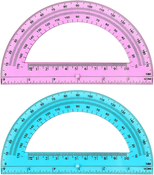 Zonon 2 Pcs 6 Inch Plastic Protractor Math Protractors 180 Degrees Angle Measurement, Translucent for Geometry Classroom Kid Student School Office Supplies(Pink, Blue)